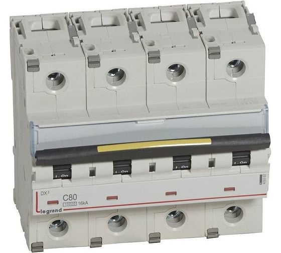 Изображение товара Автоматический выключатель Legrand DX³ 10000 16 кА тип характеристики С 4П 400 В~ 80 А 6 модулей 409362