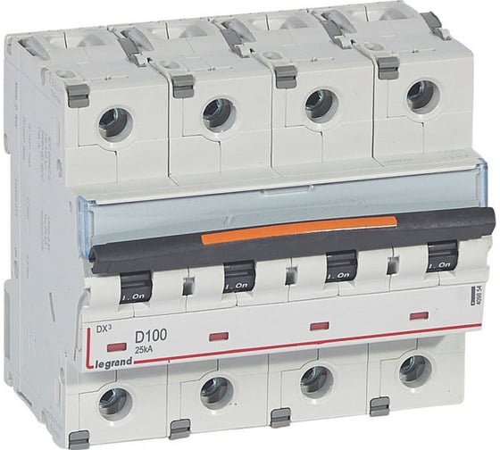 Изображение товара Автоматический выключатель Legrand DX³ 25 кА тип характеристики D 4П 400 В~ 100 А 6 модулей 409854