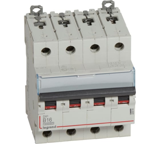 Изображение товара Автоматический выключатель Legrand DX³ 10000 16 кА тип характеристики B 4П 400 В~ 16 А 4 модуля 409065