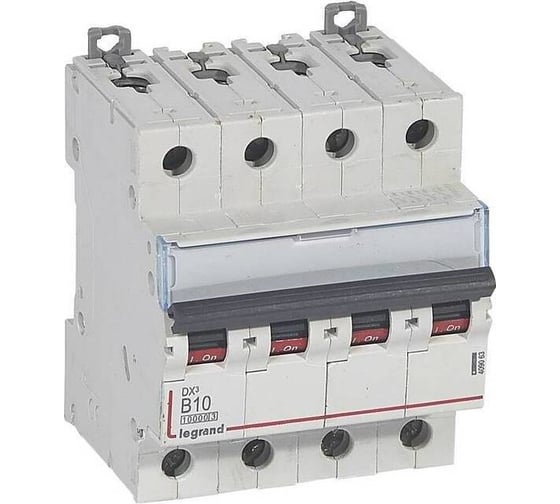 Изображение товара Автоматический выключатель Legrand DX³ 10000 16 кА тип характеристики B 4П 400 В~ 10 А 4 модуля 409063