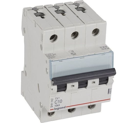Изображение товара Автоматический выключатель Legrand TX³ 6000 10 кА тип характеристики C 3П 400 В~ 10 А 3 модуля 403942