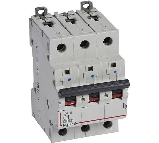 Изображение товара Автоматический выключатель Legrand DX³E 6000 6 кА тип характеристики C 3П 230/400 В~ 4 А 3 модуля 407287