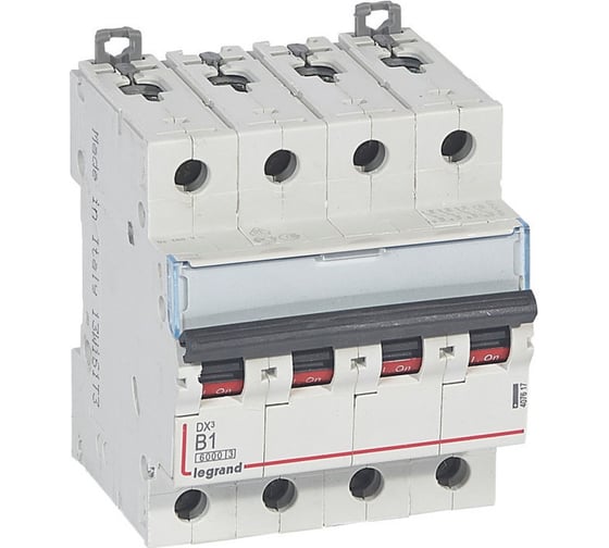 Изображение товара Автоматический выключатель Legrand DX³ 6000 10 кА тип характеристики B 4П 400 В~ 1 А 4 модуля 407617