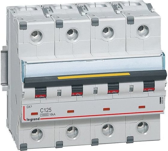 Изображение товара Автоматический выключатель Legrand DX³ 10000 16 кА тип характеристики С 4П 400 В~ 125 А 6 модулей 409364