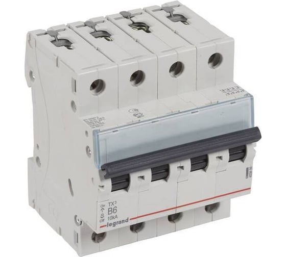 Изображение товара Автоматический выключатель Legrand TX³ 6000 10 кА тип характеристики B 4П 400 В~ 6 А 4 модуля 403899