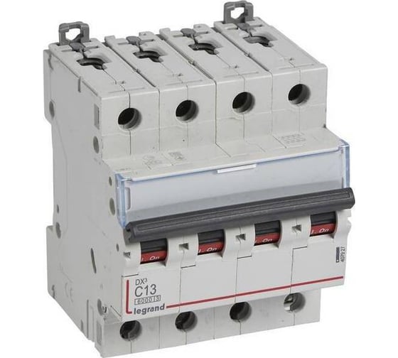 Изображение товара Автоматический выключатель Legrand DX³ 6000 10 кА тип характеристики C 4П 400 В~ 13 А 4 модуля 407927