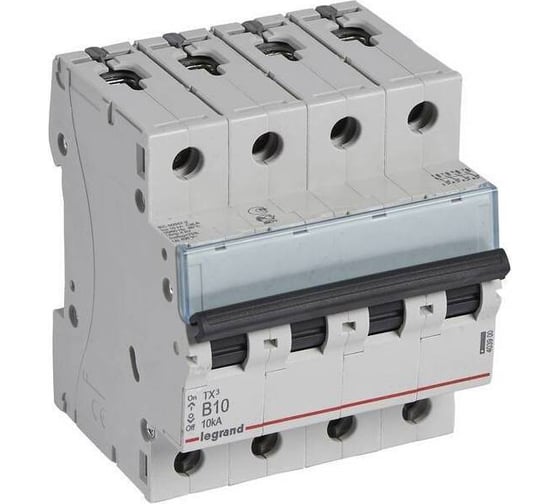 Изображение товара Автоматический выключатель Legrand TX³ 6000 10 кА тип характеристики B 4П 400 В~ 10 А 4 модуля 403900