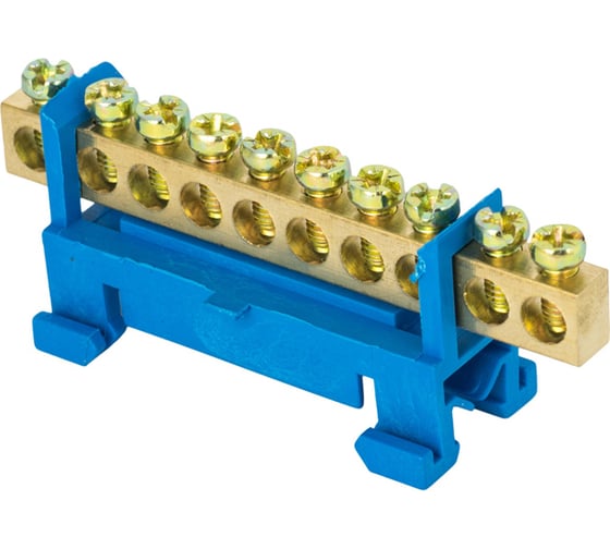 Изображение товара Шина EKF PROxima "0" N 10 отверстий, латунь, синий изолятор тип "Стойка", на DIN-рейку, розничный стикер sn0-63-10-sb-r