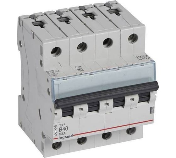 Изображение товара Автоматический выключатель Legrand TX³ 6000 10 кА тип характеристики B 4П 400 В~ 40 А 4 модуля 403906