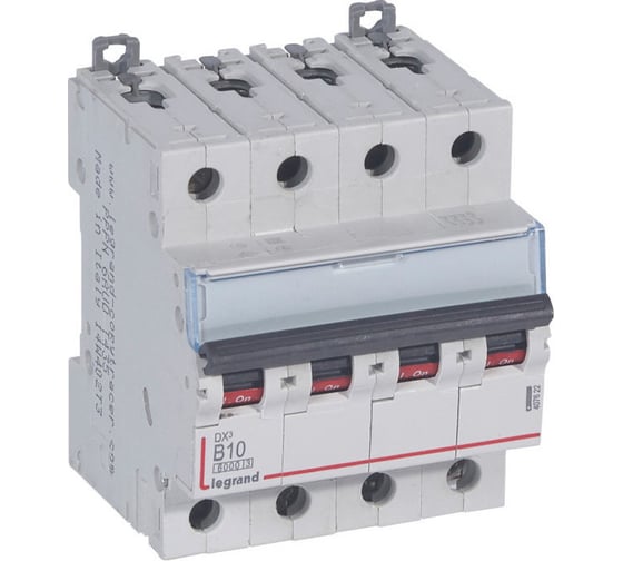 Изображение товара Автоматический выключатель Legrand DX³ 6000 10 кА тип характеристики B 4П 400 В~ 10 А 4 модуля 407622
