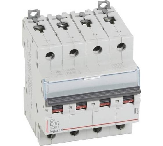 Изображение товара Автоматический выключатель Legrand DX³ 6000 10 кА тип характеристики D 4П 400 В~ 16 А 4 модуля 408147