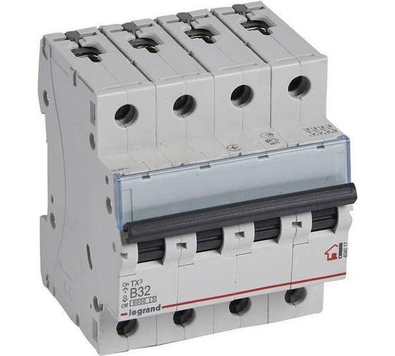 Изображение товара Автоматический выключатель Legrand TX³ 6000 6 кА тип характеристики B 4П 400 В~ 32 А 4 модуля 404017