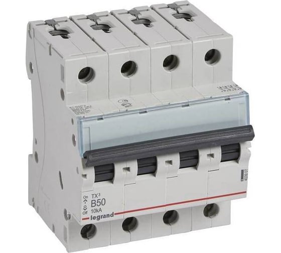Изображение товара Автоматический выключатель Legrand TX³ 6000 10 кА тип характеристики B 4П 400 В~ 50 А 4 модуля 403907