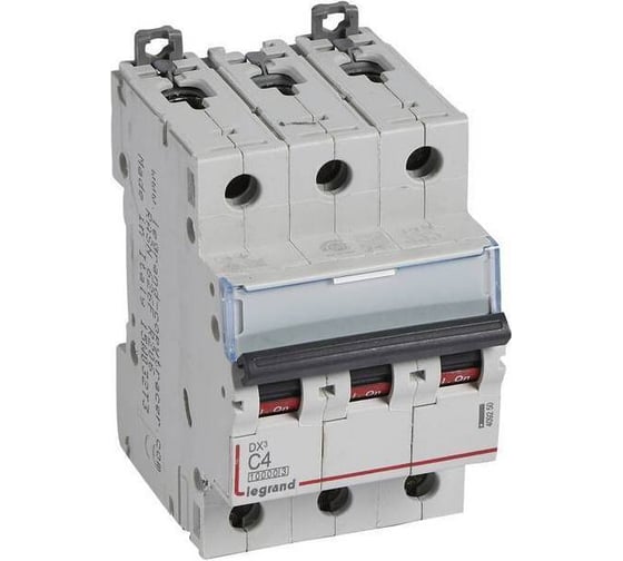 Изображение товара Автоматический выключатель Legrand DX³ 10000 16 кА тип характеристики С 3П 400 В~ 4 А 3 модуля 409250