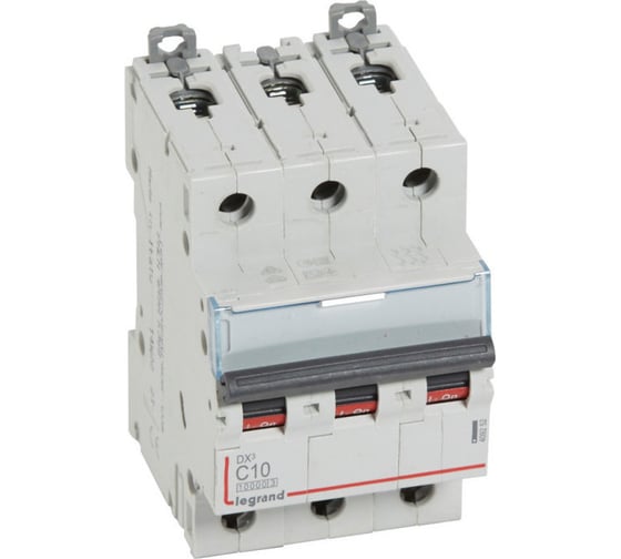 Изображение товара Автоматический выключатель Legrand DX³ 10000 16 кА тип характеристики С 3П 400 В~ 10 А 3 модуля 409252