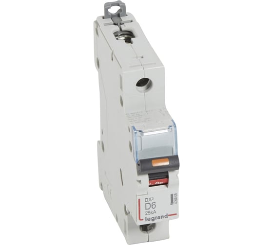 Изображение товара Автоматический выключатель Legrand DX³ 25 кА тип характеристики D 1П 230/400 В~ 6 А 1 модуль 409805