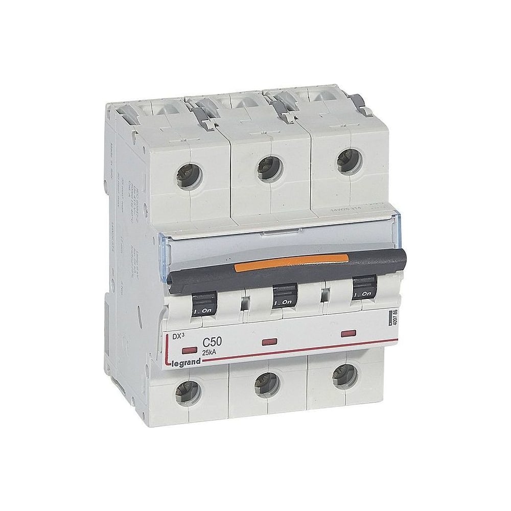 Изображение товара Автоматический выключатель Legrand DX³ 25 кА тип характеристики С 3П 400 В~ 50 А 4,5 модуля 409786