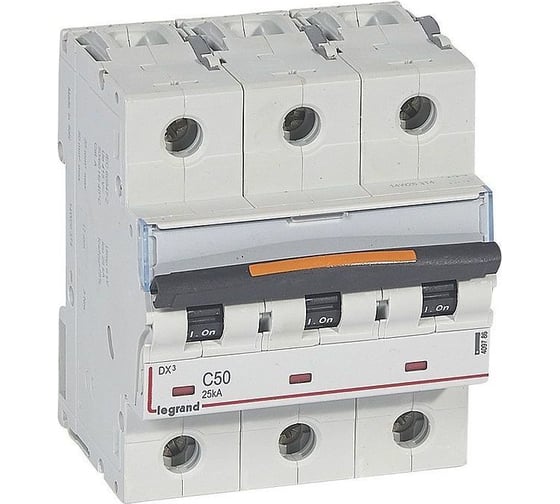 Изображение товара Автоматический выключатель Legrand DX³ 25 кА тип характеристики С 3П 400 В~ 50 А 4,5 модуля 409786