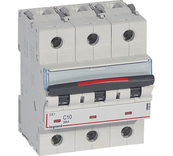 Изображение товара Автоматический выключатель Legrand DX³ 36 кА тип характеристики С 3П 230/400 В~ 10 А 4,5 модуля 410020