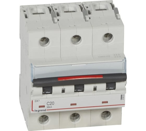 Изображение товара Автоматический выключатель Legrand DX³ 36 кА тип характеристики С 3П 230/400 В~ 20 А 4,5 модуля 410022
