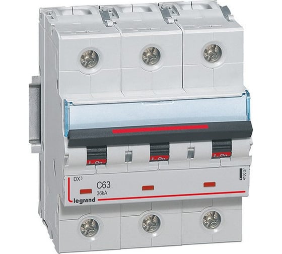 Изображение товара Автоматический выключатель Legrand DX³ 36 кА тип характеристики С 3П 230/400 В~ 63 А 4,5 модуля 410027