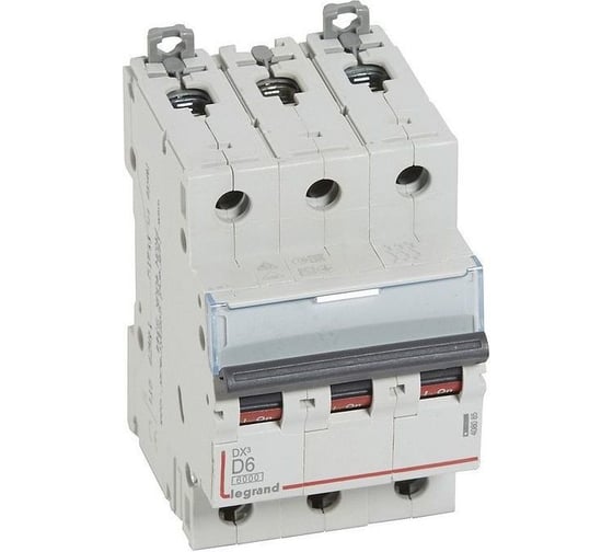 Изображение товара Автоматический выключатель Legrand DX³ 6000 10 кА тип характеристики D 3П 400 В~ 6 А 3 модуля 408085