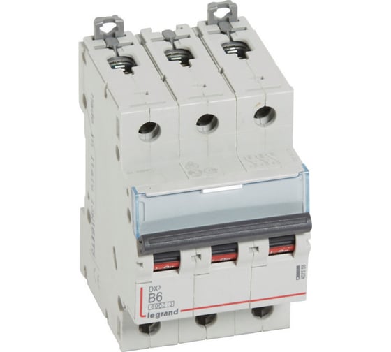 Изображение товара Автоматический выключатель Legrand DX³ 6000 10 кА тип характеристики B 3П 400 В~ 6 А 3 модуля 407558