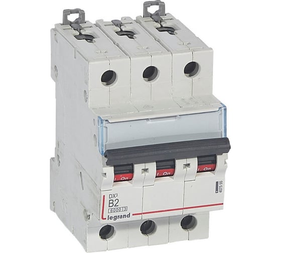 Изображение товара Автоматический выключатель Legrand DX³ 6000 10 кА тип характеристики B 3П 400 В~ 2 А 3 модуля 407555