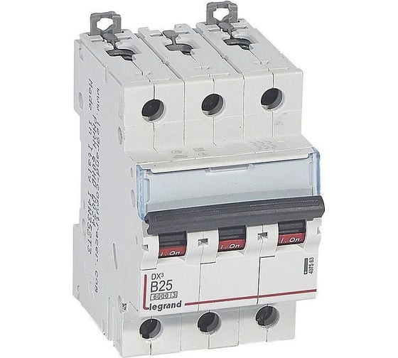 Изображение товара Автоматический выключатель Legrand DX³ 6000 10 кА тип характеристики B 3П 400 В~ 25 А 3 модуля 407563