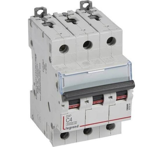 Изображение товара Автоматический выключатель Legrand DX³ 6000 10 кА тип характеристики C 3П 400 В~ 4 А 3 модуля 407854