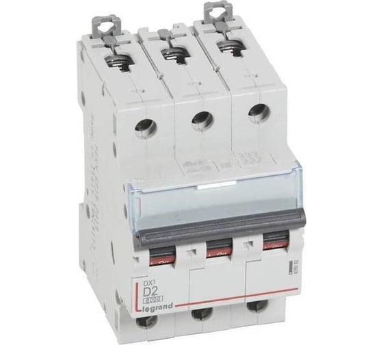 Изображение товара Автоматический выключатель Legrand DX³ 6000 10 кА тип характеристики D 3П 400 В~ 2 А 3 модуля 408082