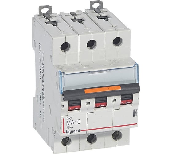 Изображение товара Автоматический выключатель Legrand DX³ MA 25 кА тип характеристики MA 3П 400 В~ 10 А 3 модуля 409880