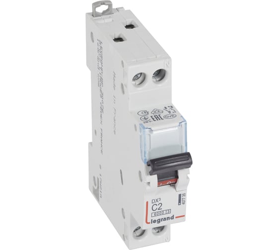 Изображение товара Автоматический выключатель Legrand DX³ 6000 10 кА тип характеристики C 1П+Н 230/400 В~ 2 А 1 модуль 407735
