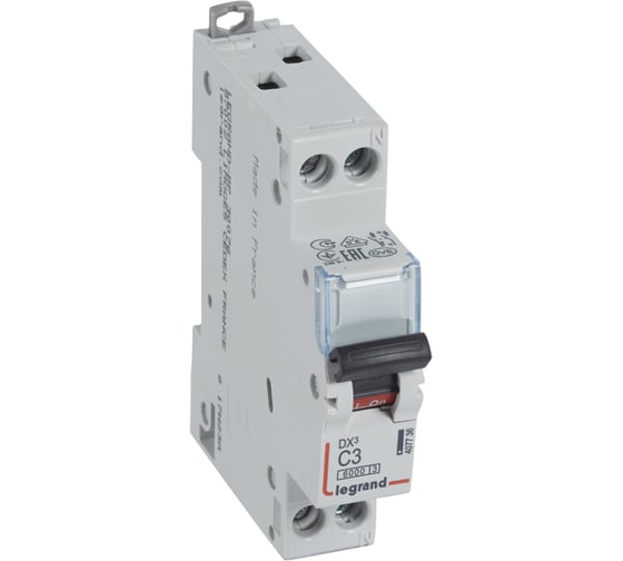 Изображение товара Автоматический выключатель Legrand DX³ 6000 10 кА тип характеристики C 1П+Н 230/400 В~ 3 А 1 модуль 407736