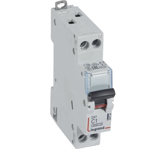 Изображение товара Автоматический выключатель Legrand DX³ 6000 10 кА тип характеристики C 1П+Н 230/400 В~ 1 А 1 модуль 407734