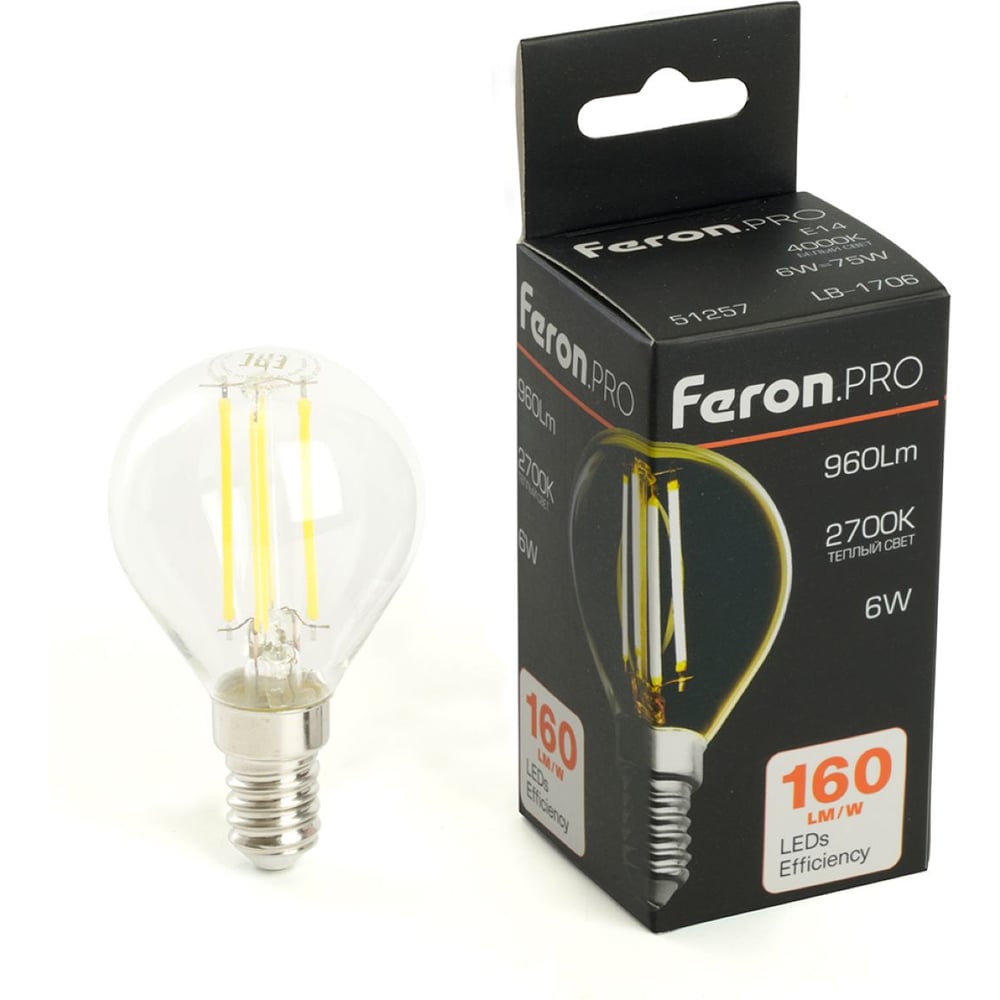 Изображение товара Лампа светодиодная FERON PRO LB-1706 Шарик E14 6W 175-265V 2700K, 51256