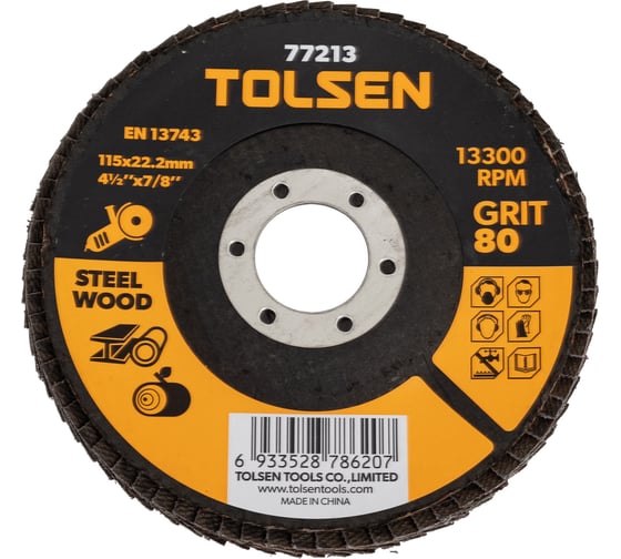 Изображение товара Круг шлифовальный лепестковый 115x22.2 мм, P80 TOLSEN 77213