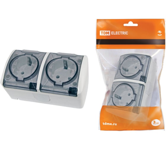 Изображение товара Двойная розетка TDM ELECTRIC 2П+3 открытой установки IP54 16А с прозрачной крышкой белая "Селигер" SQ1818-0009