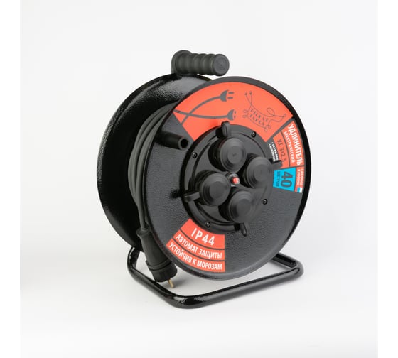 Изображение товара Удлинитель Рыжая такса УКМ-44 (катушка металл) с автоматом защиты, провод КГ-ХЛ 3x2,5 (16А), 4гнезда, 40м, IP44 УКМ4404-3445