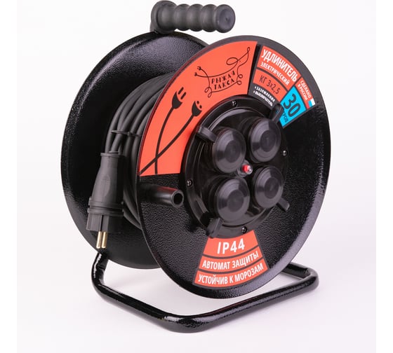 Изображение товара Удлинитель Рыжая такса УКМ-44 (катушка металл) с автоматом защиты, провод КГ-ХЛ 3x2,5 (16А), 4гнезда, 30м, IP44 УКМ4404-3438