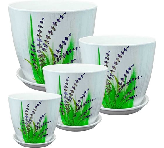 Изображение товара Комплект из четырех горшков Сады Аурики Роспись бутон лаванда, диаметр 12, 15, 18, 21 см РС185 071987