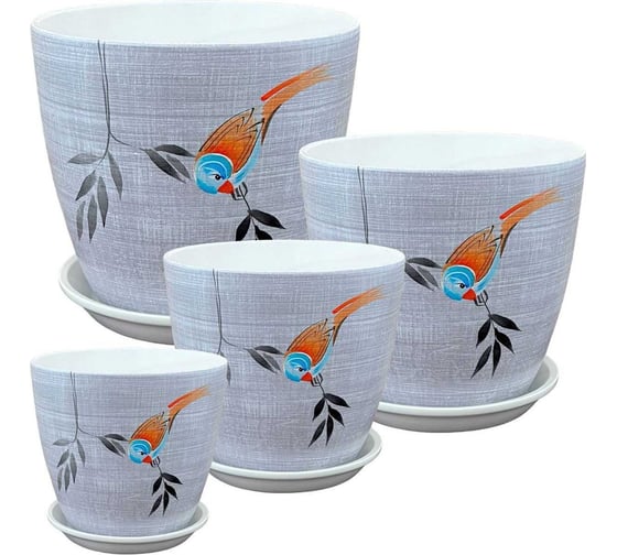Изображение товара Комплект из четырех горшков Сады Аурики Роспись бутон птичка на ветке, диаметр 12, 15, 18, 21 см РС183 072002