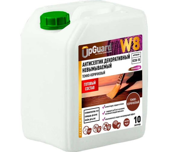 Изображение товара Невымываемый декоративный антисептик для защиты древесины на срок до 55 лет UPGUARD W8 10 л, тёмно-коричневый, готовый состав 0238-10