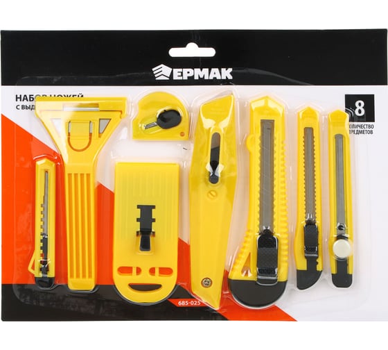 Изображение товара Набор ножей ЕРМАК выдвижные лезвия, 9 мм-4 шт, 18 мм-2 шт, скребки 39 и 50 мм 685-025