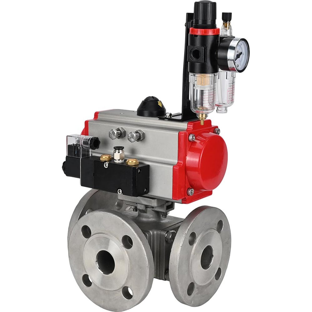 Изображение товара Шаровой кран DN.ru 316-316-PTFE L-тип Ду20 Ру16, пневмопривод, пн.распределитель, БПВ D160-32223