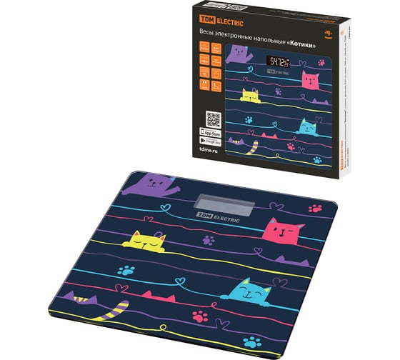 Изображение товара Весы электронные напольные TDM ELECTRIC "Котики", стекло, деление 0,01 кг, макс. 180 кг, 28x28 см SQ4012-0007