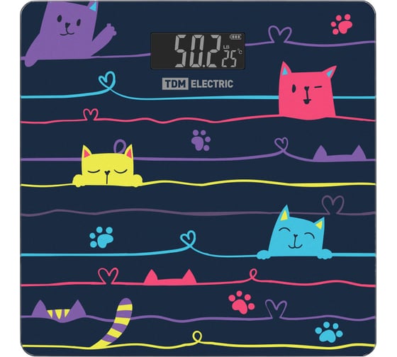 Изображение товара Весы электронные напольные TDM ELECTRIC "Котики", стекло, деление 0,01 кг, макс. 180 кг, 28x28 см SQ4012-0007