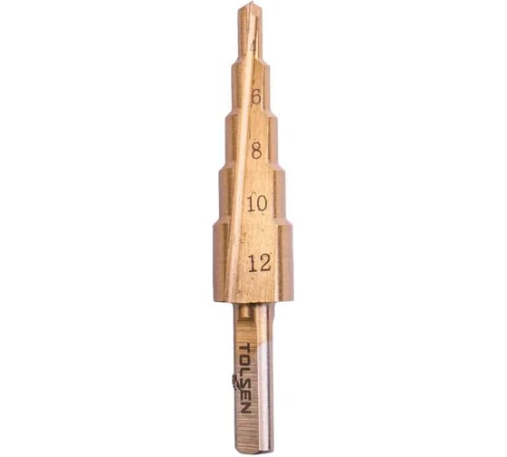 Изображение товара Сверло по металлу ступенчатое HSS-TiN, 4-12 мм, шаг 2 мм, цилиндр. хвостовик TOLSEN 75871
