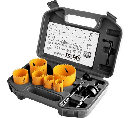 Изображение товара Набор коронок биметаллических 22-64 мм, хвостовики HEX, 9 предметов, пласт. кейс TOLSEN 75860