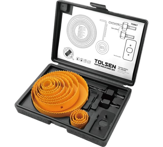 Изображение товара Набор коронок по дереву 19-127 мм, хвостовики, 16 предметов, пласт. кейс TOLSEN 75867